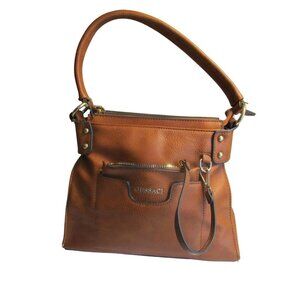 *Gussaci Brown Faux Leather Handbag With Wristlet w Gold-Tone Accent Zip Closure